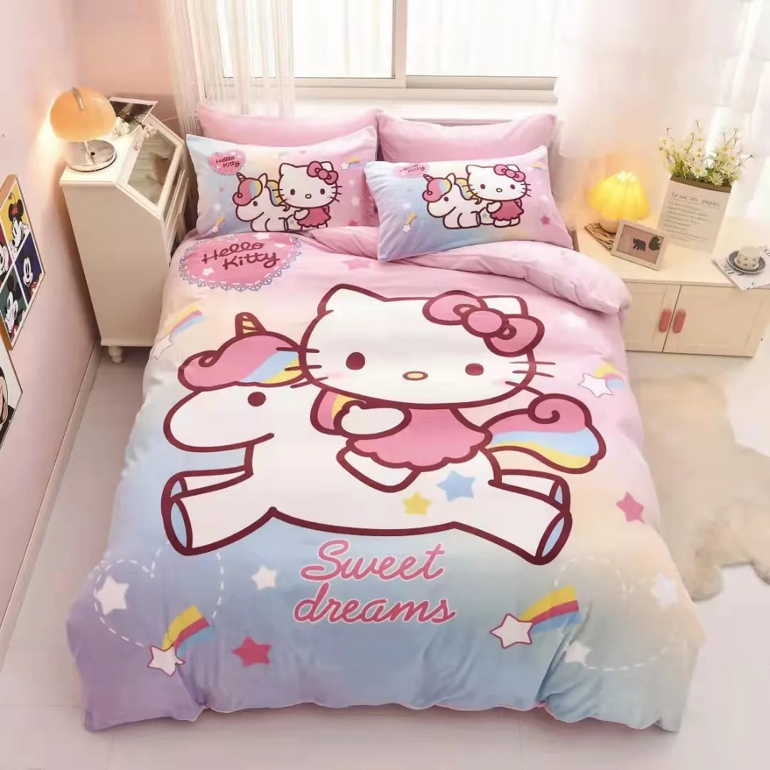 Pink Hello Kitty Cartoon Duvet Cover Bedding Set Anime Comforter Cover for Bedroom Decoration Children Birthday Gifts Full Size