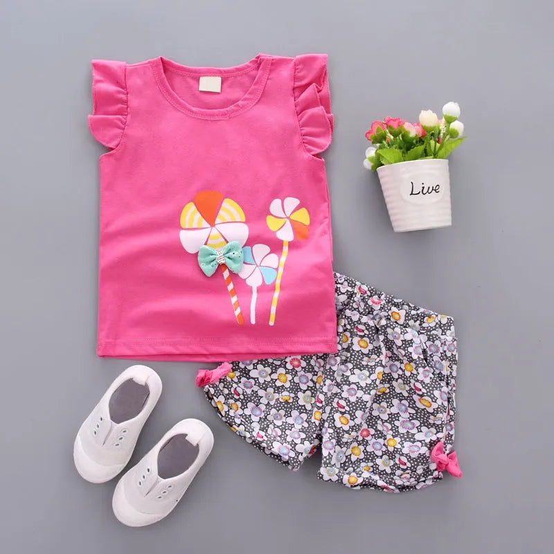 Summer Baby Girls T-shirt Set Windmill Printed Short Sleeves Flower shorts Floral Wide-Leg Hot Pants Kids Girls Clothing Suit