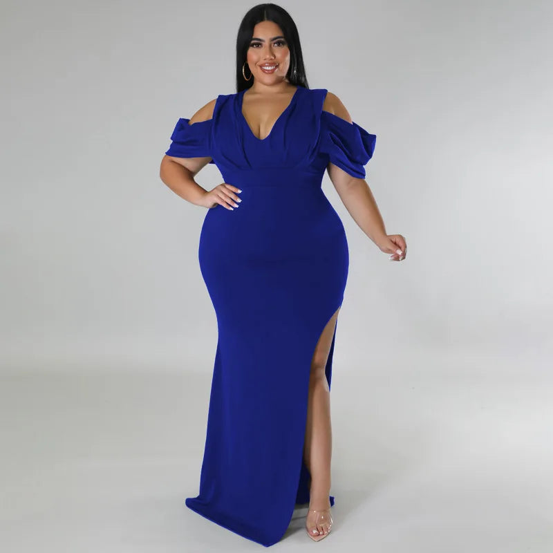 Plus Size Women Party Dress Split V Neck Evening Robe Female Luxury Designer Cloth 2023 Summer Evening Birthday Long Dress