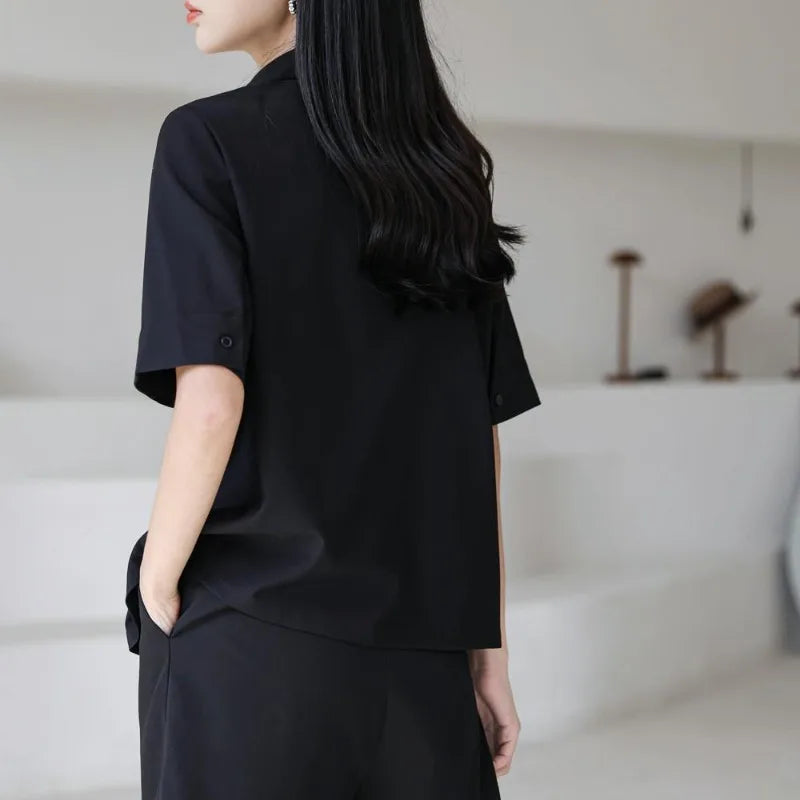 Summer Black Shirts Women Simple Vintage Turn-down Collar Baggy French Style Temper Classy Tops Leisure Short-sleeved College