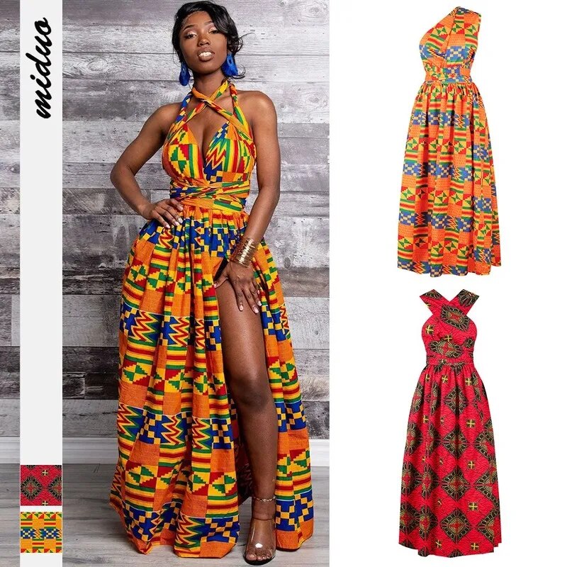 Women African Lace-up Dress Fashion Style African Women Lace-up Waist Maxi Dress Plus Size Long Dress Convertible Robe Longue