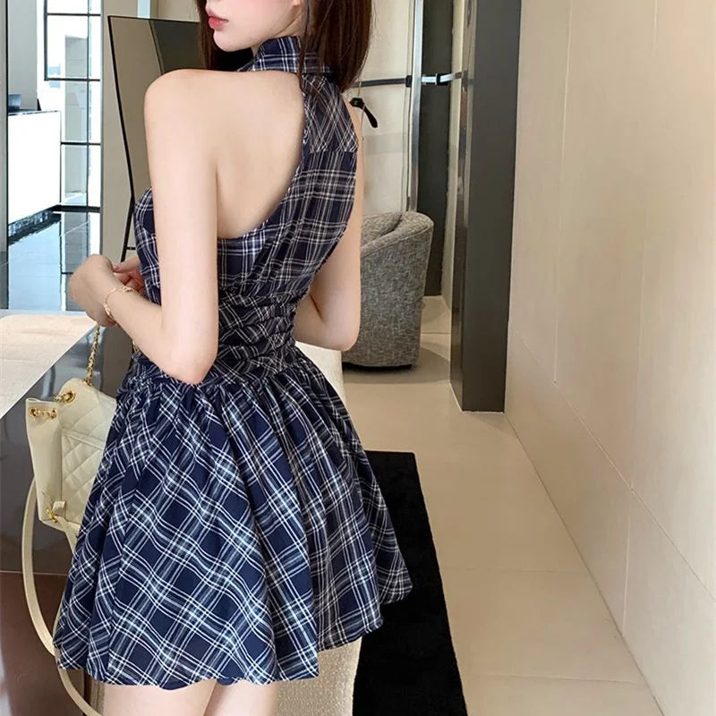 Women Summer Plaid Sleeveless Mini Shirt Dress