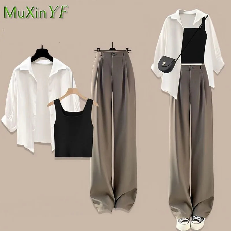 Women's 2024 Spring/Summer New in Matching Set Korean Elegant Casual Sunscreen Shirt+Vest+Suit Wide Leg Pants Three Piece Suit