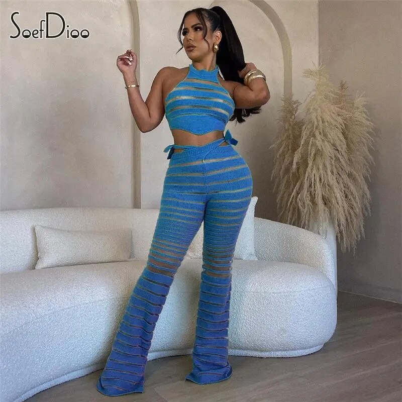 Soefdioo Mesh Patchwork Knitted Women's Set Backless Tank Tops and Pants 2023 Fashion Matched Two Piece Sets Outfits Tracksuits