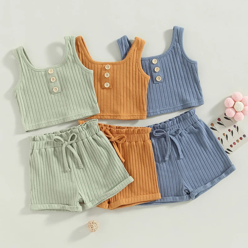 Summer Toddler Baby Girls Outfit Clothes Sets Solid Color Button Vest + Ribbed Drawstring Shorts Baby Children Clothing