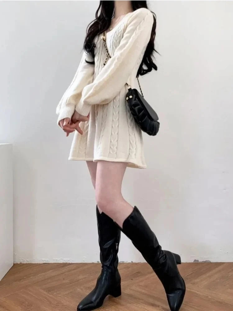 QWEEK Knit Knitted Sweater Mini Dress Women Casual Lantern Sleeve Short Dresses 2023 Autumn Winter V-neck Outfits Female