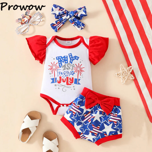 Prowow My First 4th of July Girl Outfit Sleeveless Letter Romper+Red Bowknot Star Printed Pants Independence Day Baby Clothes