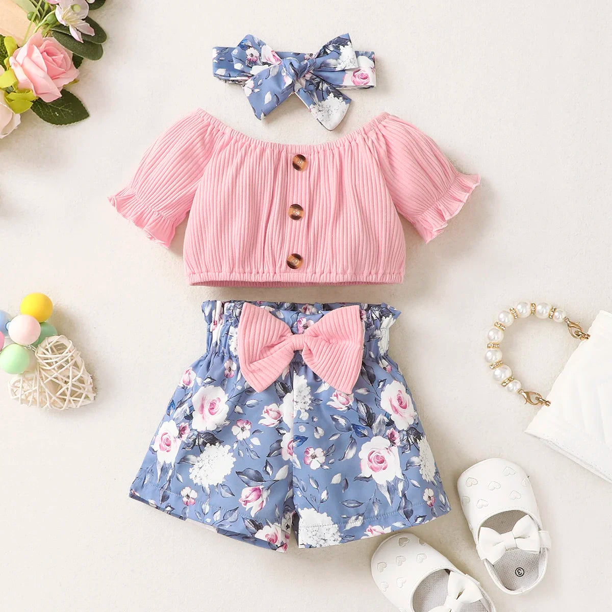 Summer Toddler Baby Girls Clothes Pink Top +Bow Print  Blue Shorts 2Pcs Set Infant Fashion Clothes Outfit