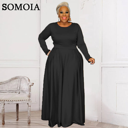 Plus Size Women Clothing Casual Solid Crew Neck Two Piece Set Long Sleeve Fall Matching Suit Draped Maxi Skirts Sets Wholesale