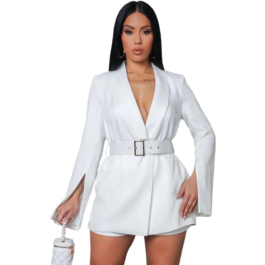 Office Dresses Ladies 2023 Fashion V Neck Long Sleeve Casual Blazer Dress Belt Up White Office Dresse for Women Professional