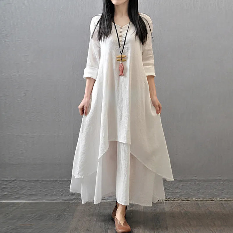 Elegant Cotton Linen Dresses for Women Mori Girl Style Casual Dress Plus Size Loose Long Sleeve Robe Club Outfits