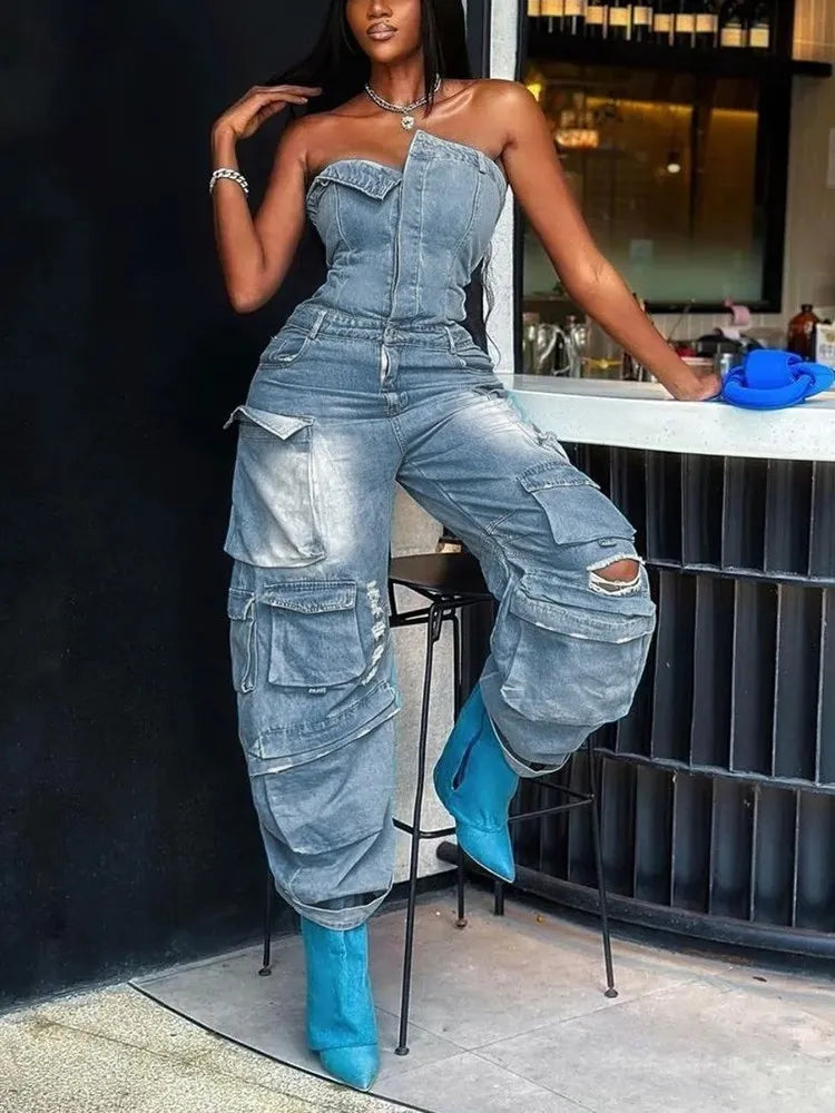 TWOTWINSTYLE Solid Patchwork Pocket Casual Denim Jumpsuits For Women Strapless Sleeveless High Waist Temperament Jumpsuit Female