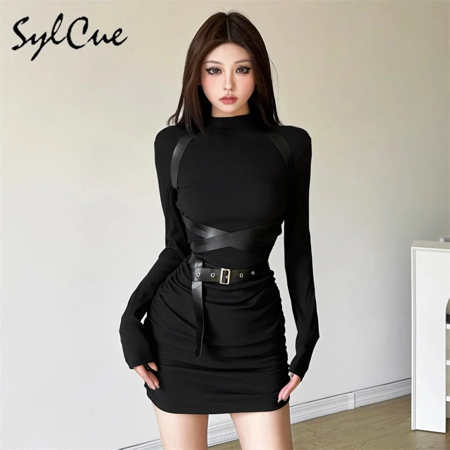 Sylcue Trendy Personality Street Cool Confident Black Mysterious Sexy Mature Beautiful Confident Women'S Long Sleeve Belt Dress