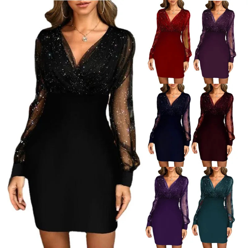 Women's Sexy V-neck Mesh Sequined Long Sleeve Dresses, Elegant Party, Club, Evening, Plus Size