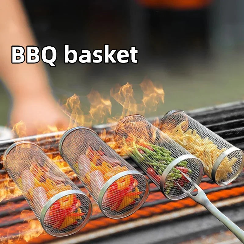 Barbecue Grill Grate Barbecue Cages Camping Picnic Cookware Outdoor Round BBQ Campfire Grill Grid Rolling Grill Basket