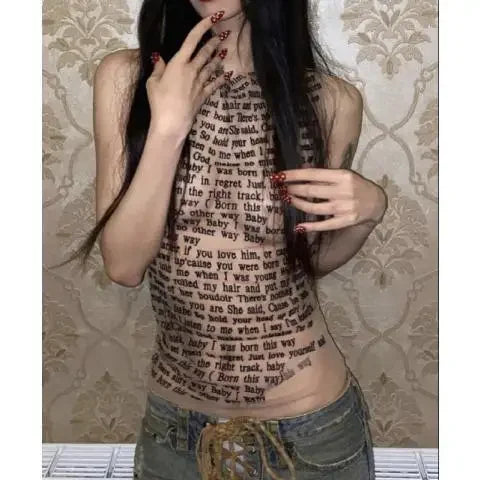 Women T-shirt Style Gauze Letter Sexy & Club O-Neck Sleeveless Woman  Tops