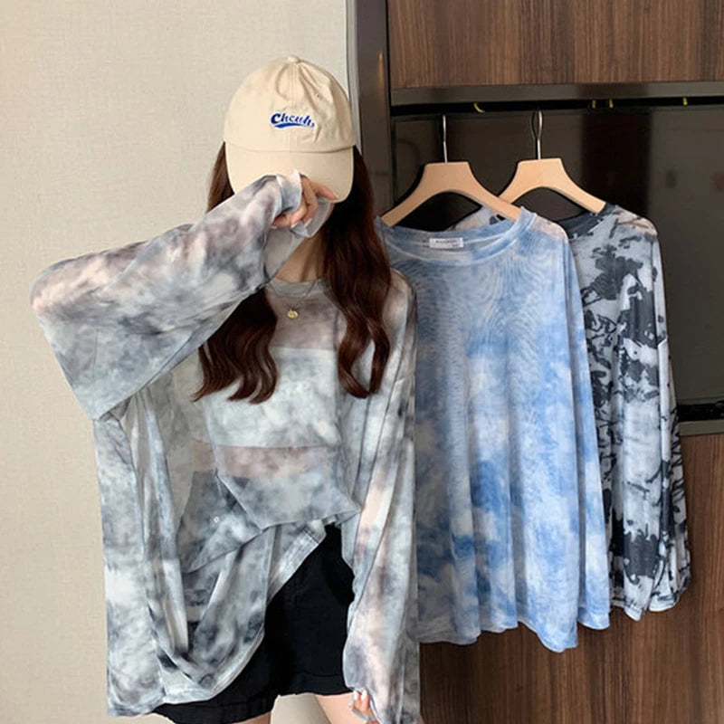 Summer 2024 New Mesh Women's Top Loose tie dyed long sleeved t-shirt for women Round neck Women's clothing