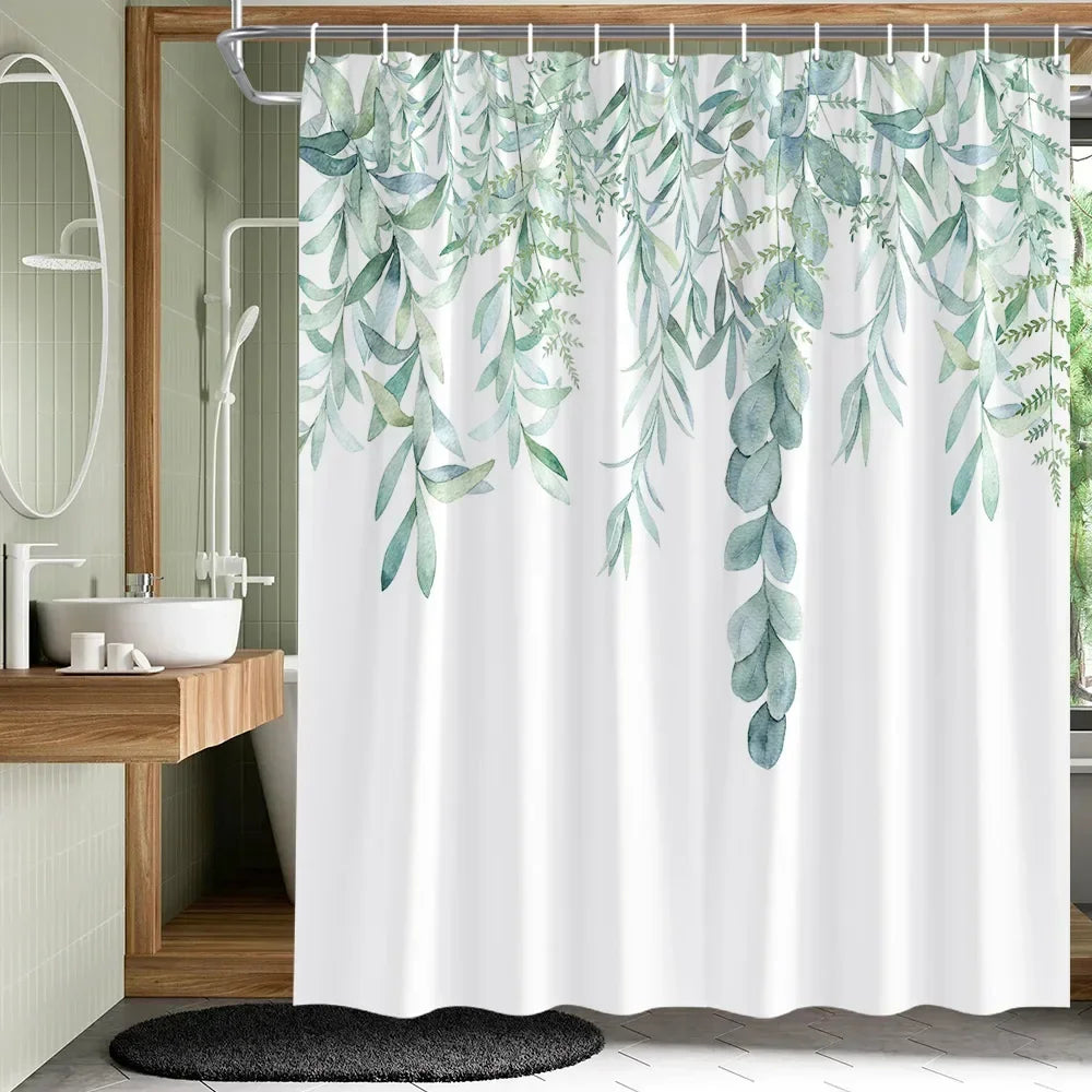 Plant Leaves Flower Shower Curtains Set Garden Floral Drum Tower Fabric Bathroom Decor Splash Resistant Partition Bath Curtains