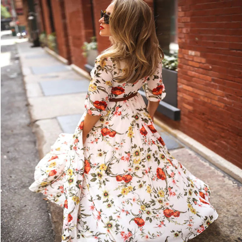 Summer A-line Chiffon Floral Print Slim High Waist Boho Bodycon Dress Sexy Long Dresses for Women Streetwear Plus Size 3XL