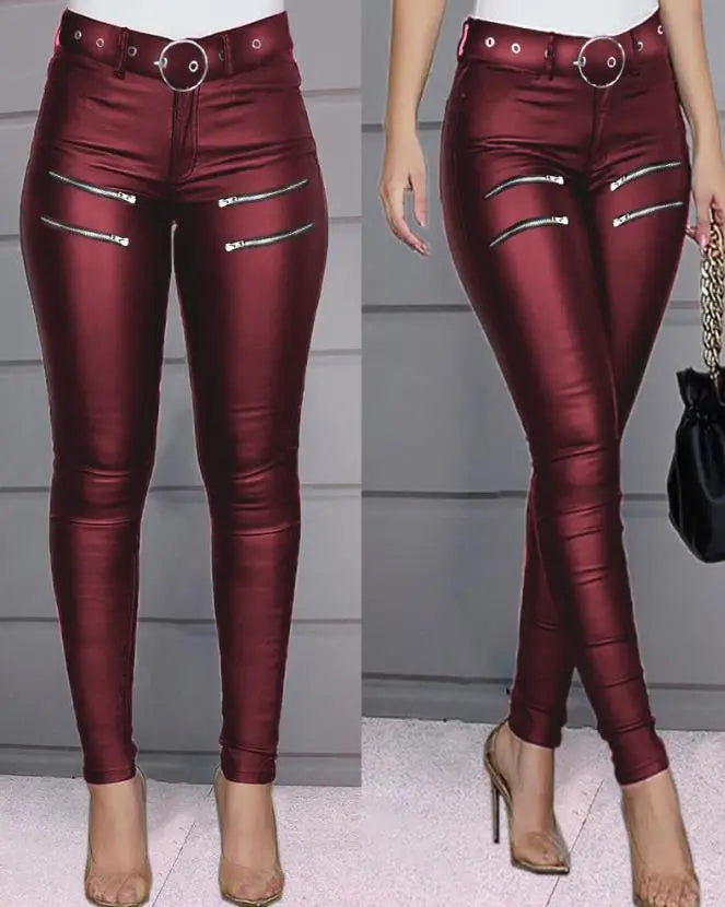 Women's Pants 2023 Summer Fashion Zipper Design High Waist Pu Leather Casual Plain Skinny Daily Long Pants Y2K Streetwear