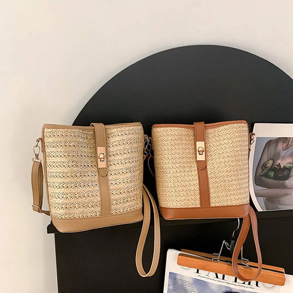 Summer Hand-Woven Handbags PU Stitching Basket Messenger Bag Handmade Fashion Simple Portable Elegant Bucket Bag Crossbody Bag