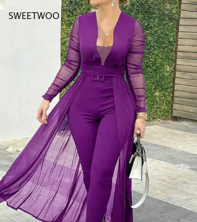 Summer Ladies Fashion and Elegant Long-Sleeved Mesh Bodysuit Formal Party Jumpsuit Transparent Mesh Party Jumpsuit