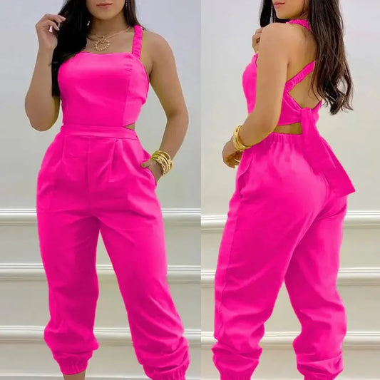 Spring/Summer 2023 Fashion Strap Print Jumpsuit Feminino Open Back Lace Up Jumpsuit Mono Elegante Mujer Woman Rompers Bodysuit 