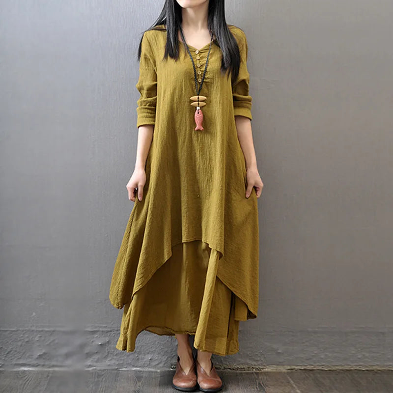 Elegant Cotton Linen Dresses for Women Mori Girl Style Casual Dress Plus Size Loose Long Sleeve Robe Club Outfits