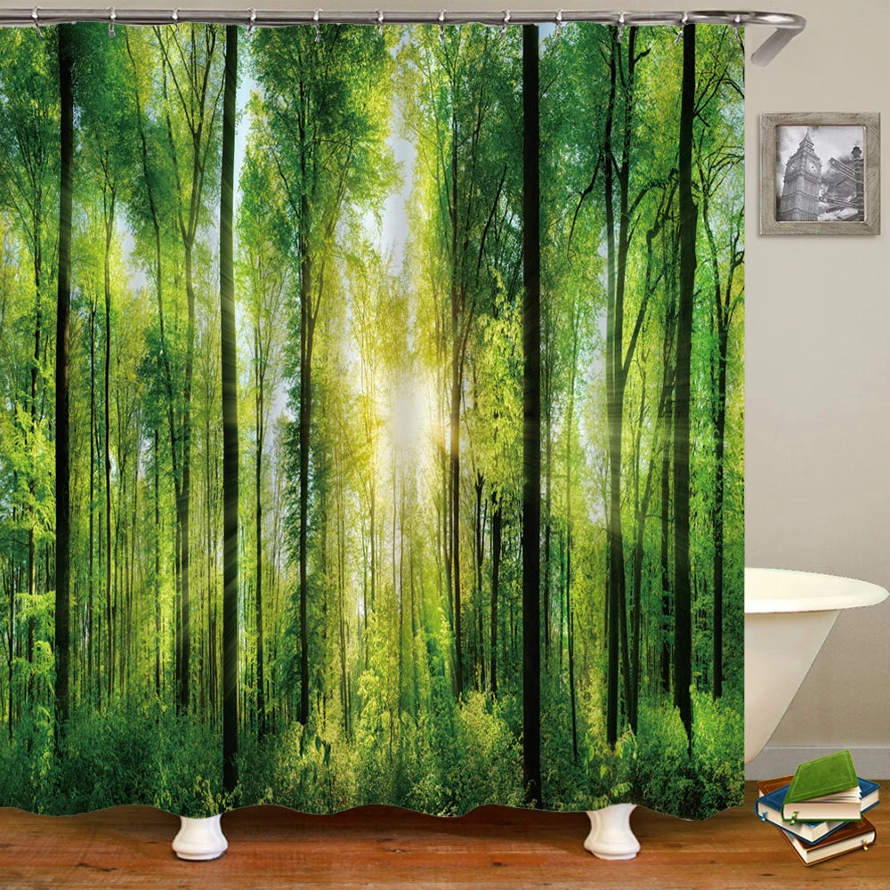 Modern 3D Printing Forest Shower Curtain Green Plant Tree Landscape Bath Curtain With Hooks For Bathroom waterproof scenery