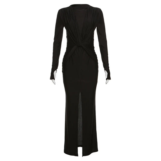 Weird Puss Cross Ruched Dress Women Elegant Fall Trend Solid O-Neck Birthday Banquet Party Chic Split Maxi Bodycon Slim Vestidos 