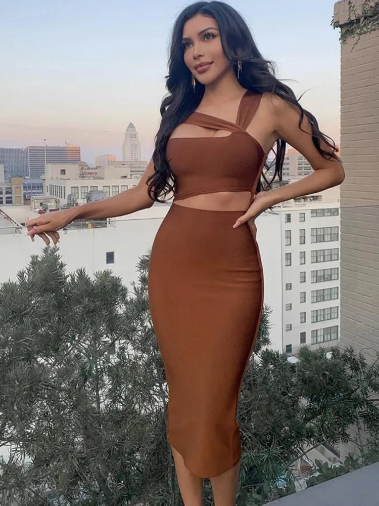 Women Summer Sexy Hollow Out Brown Midi Knee Length Bodycon Bandage Dress 2023 Designer Elegant Evening Party Dress Vestido