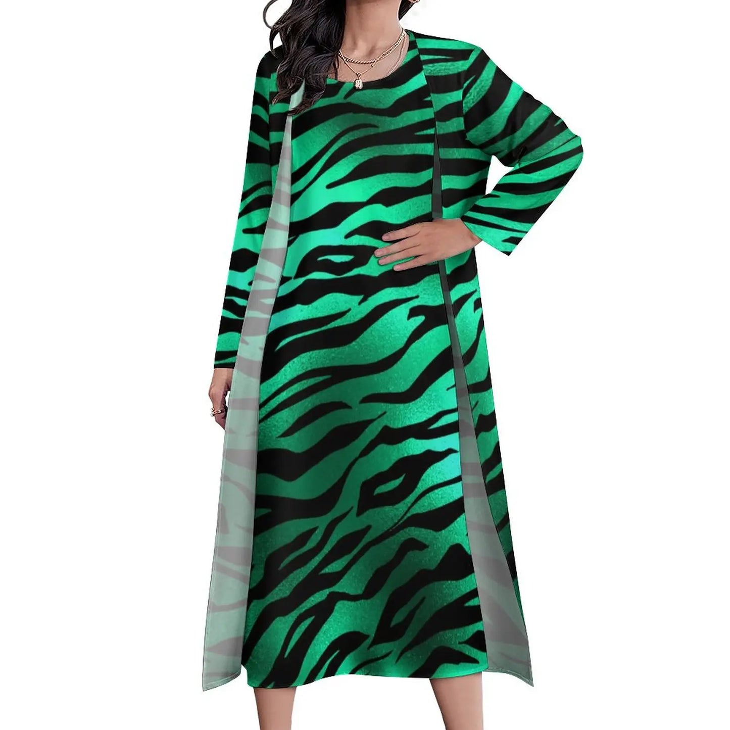 Zebra Print Dress Spring Green And Black Stripes Street Fashion Casual Long Dresses Womens Custom Night Club Maxi Dress Big Size