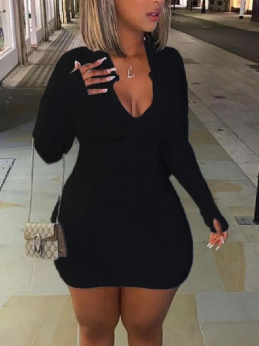 LW Plus Size Casual Zipper Design Mini Dress Mandarin Collar Long Sleeve V Neck Sheath Body-shaping Cleavage Female Vestidos