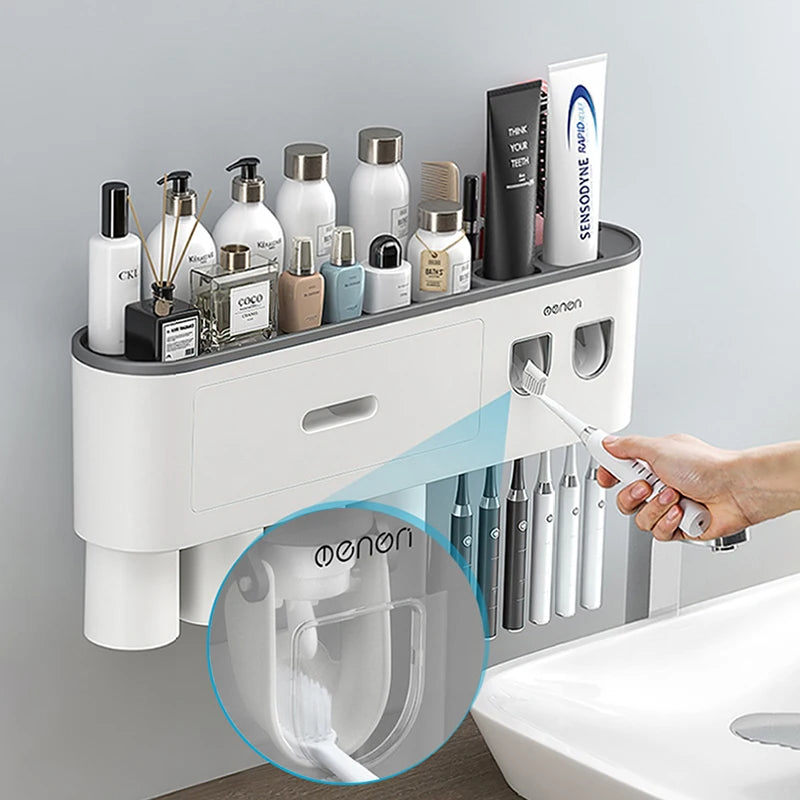 Wall-mounted Toothbrush Holder With 2 Toothpaste Dispenser Punch-free Bathroom Storage For Home Waterproof Bathroom Accessories