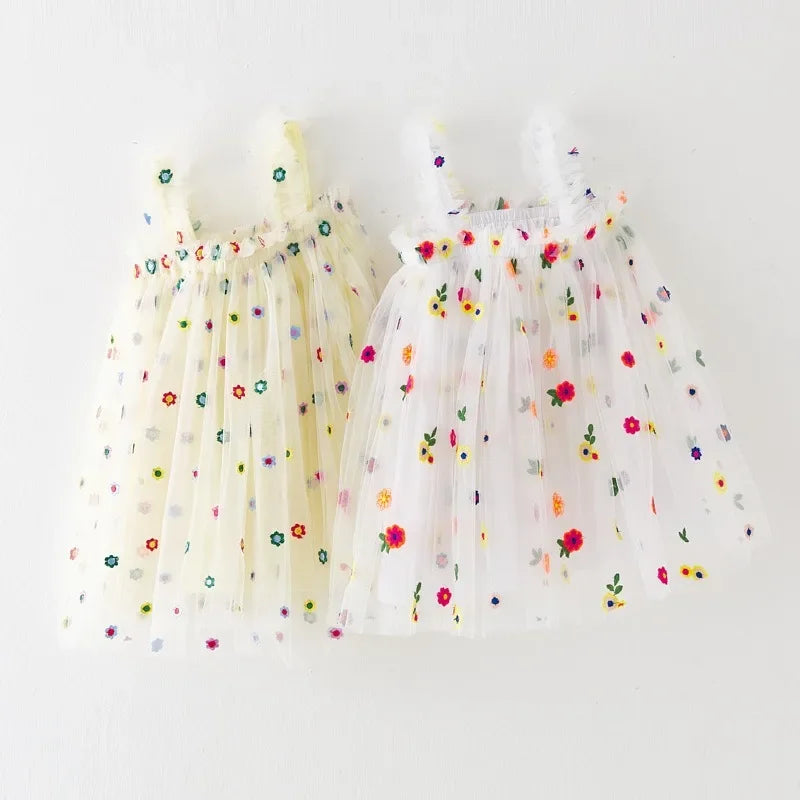 Summer New Flower Embroidered Casual Dress Baby Sweet Daisy Mesh Puffy Slip Dress Toddler Kid Fashion Princess Dress 12M-8T