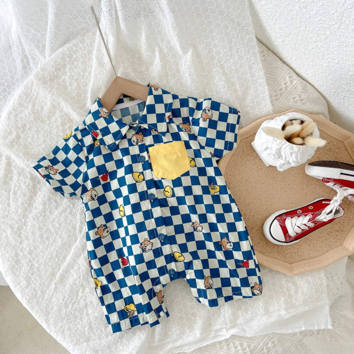 Summer 2023 New In! Cute Newborn Baby Boys' Short Sleeve Plaid Cartoon Print Romper Jumpsuits Kids Infant Cotton Clothes