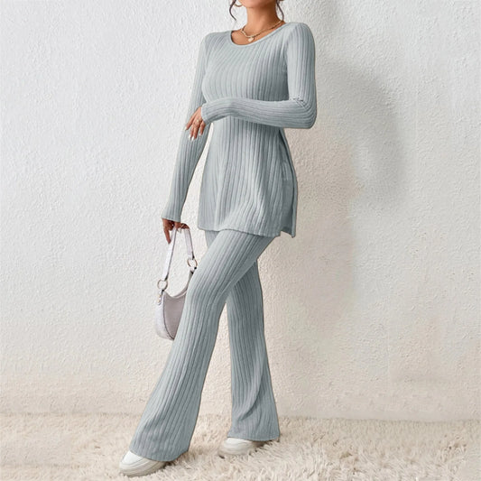 2024 Fall Winter Knitted 2 Piece Suits Women Long Sleeve Ribbed Slit Long Top And High Waist Pencil Pants Set Fashion Outfit