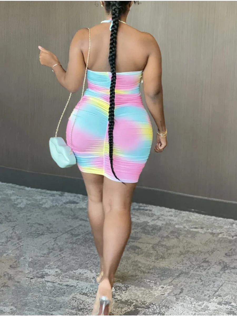 Plus Size Tie-dye Backless Ruched Mini Dress Full Print Rainbow Sleeveless Pierced Halter Pressed Pleat Streetwear Skinny