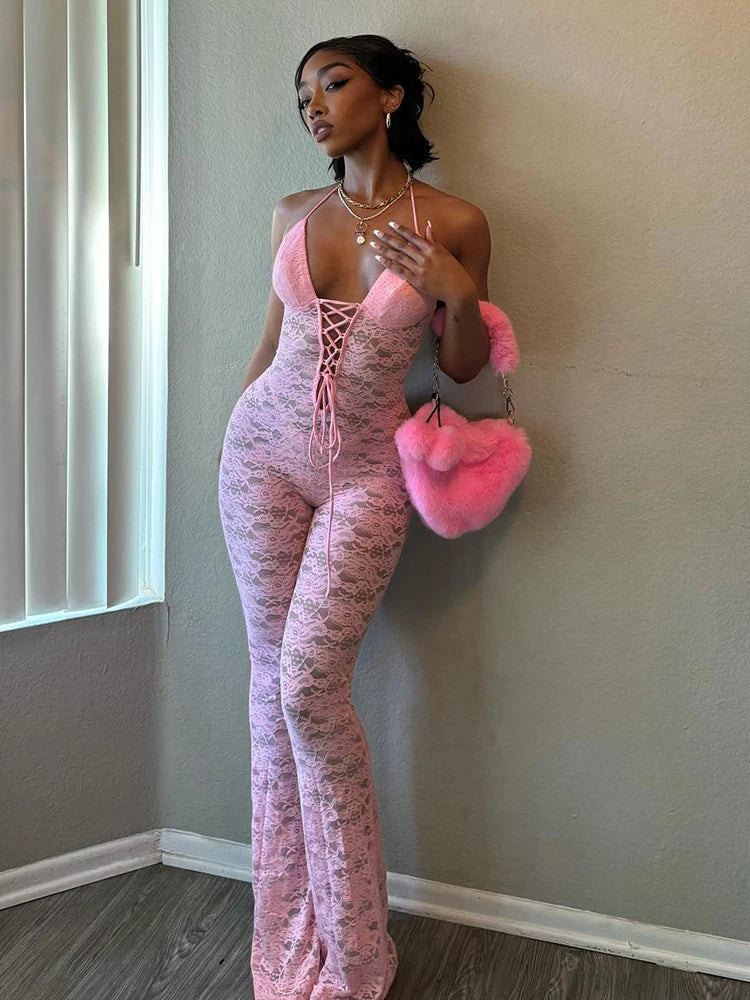 Sibybo Sexy Lace Hollow Out See Through Jumpsuits Solid Color Halter Backless Skinny Flared Trousers 2024 Spicy Girl Clothes