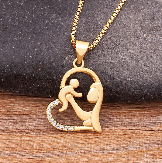 Nidin Family Baby Pregnant Mother's Day Gift Zircon Pendant Necklace Heart Shape Gold Color Love Mom Women Party Jewelry