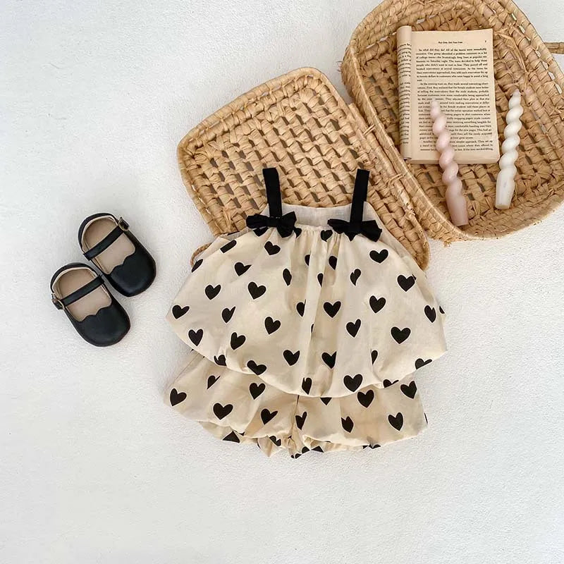 MiniAinis Summer New Baby Sling Bow Tops Dress + Shorts 2 Piece Suit Girls Full Of Love Clothing Set Girl's Cotton Clothes