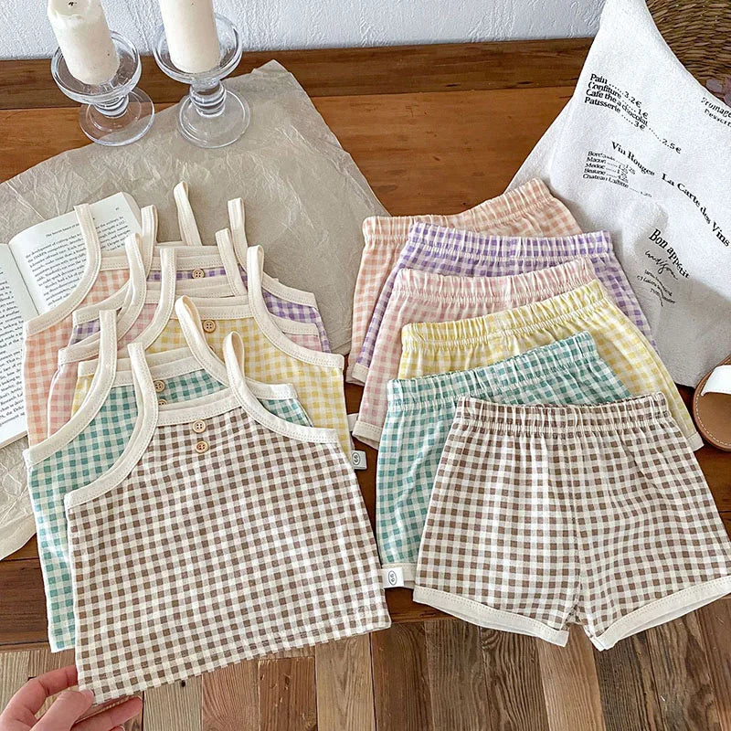 MILANCEL 2024 New Baby Summer Clothes Set Infant Girls Boys Plaid Suspenders Tee And Shorts 2 Pcs Suit Toddler Cotton Outfit