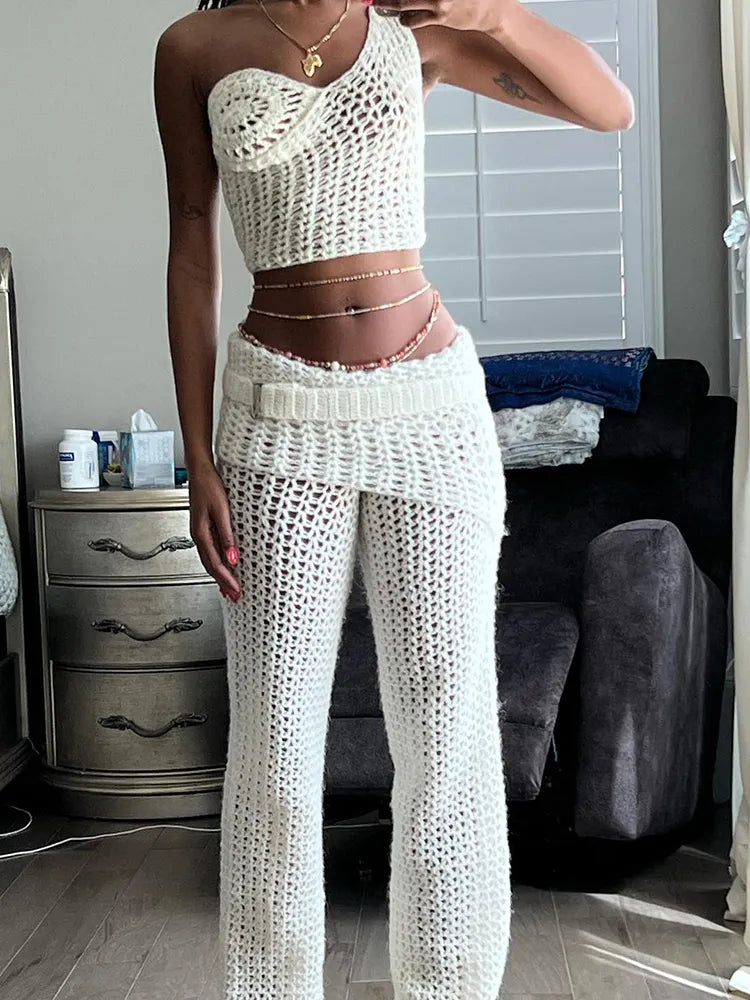 Weird Puss Crochet Irregular Women Elegant 2 Piece Set Chic Tank Tops+Belt Skirt Pants Hipster Trend Basic Streetwear Outfits