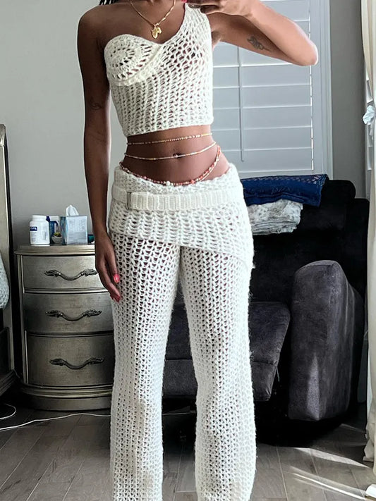 Weird Puss Crochet Irregular Women Elegant 2 Piece Set Chic Tank Tops+Belt Skirt Pants Hipster Trend Basic Streetwear Outfits 