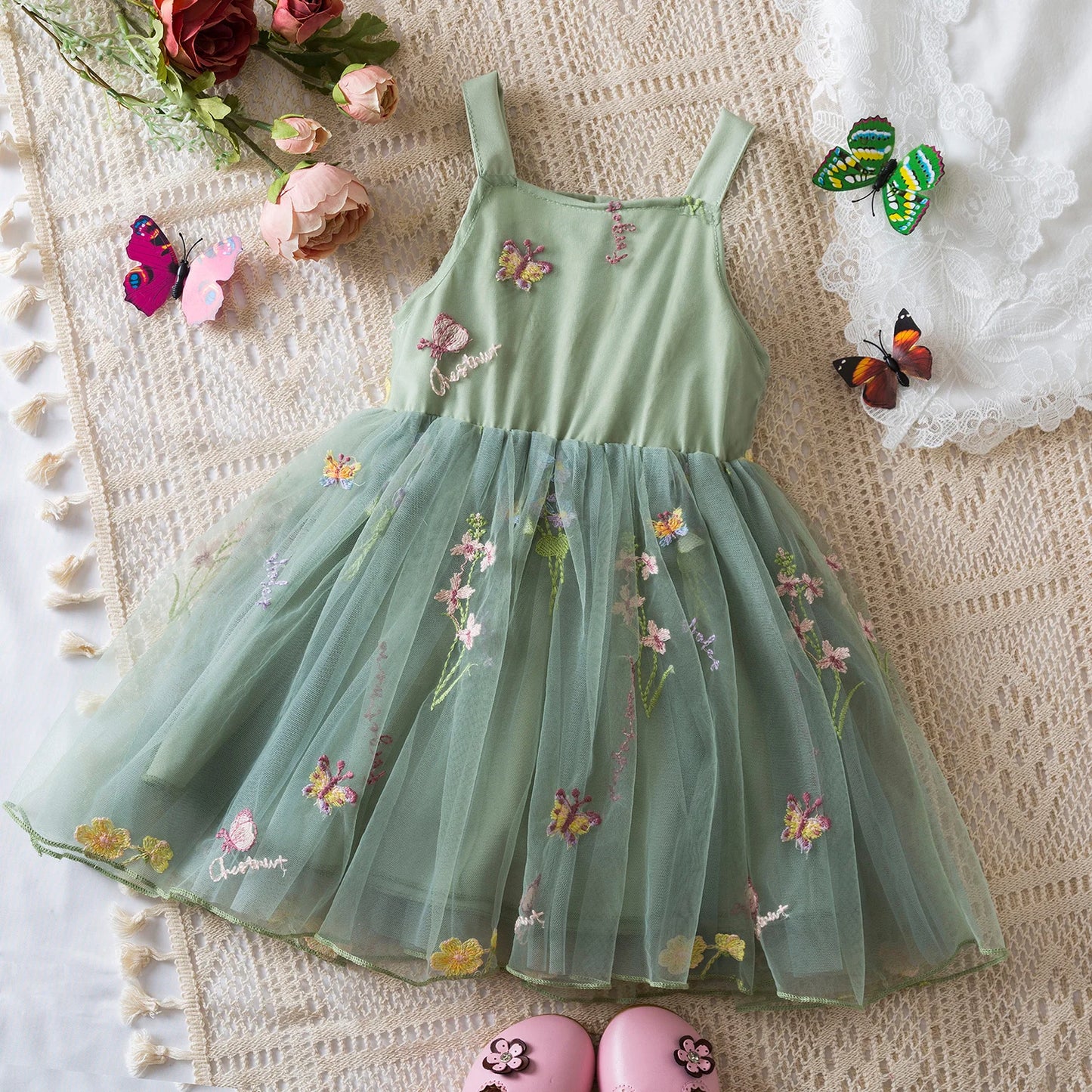 Toddler Baby Girls Summer Dress Puffy Mesh Tutu Princess Floral Embroidery Suspender Dress Baby Girls Birthday Party Clothes