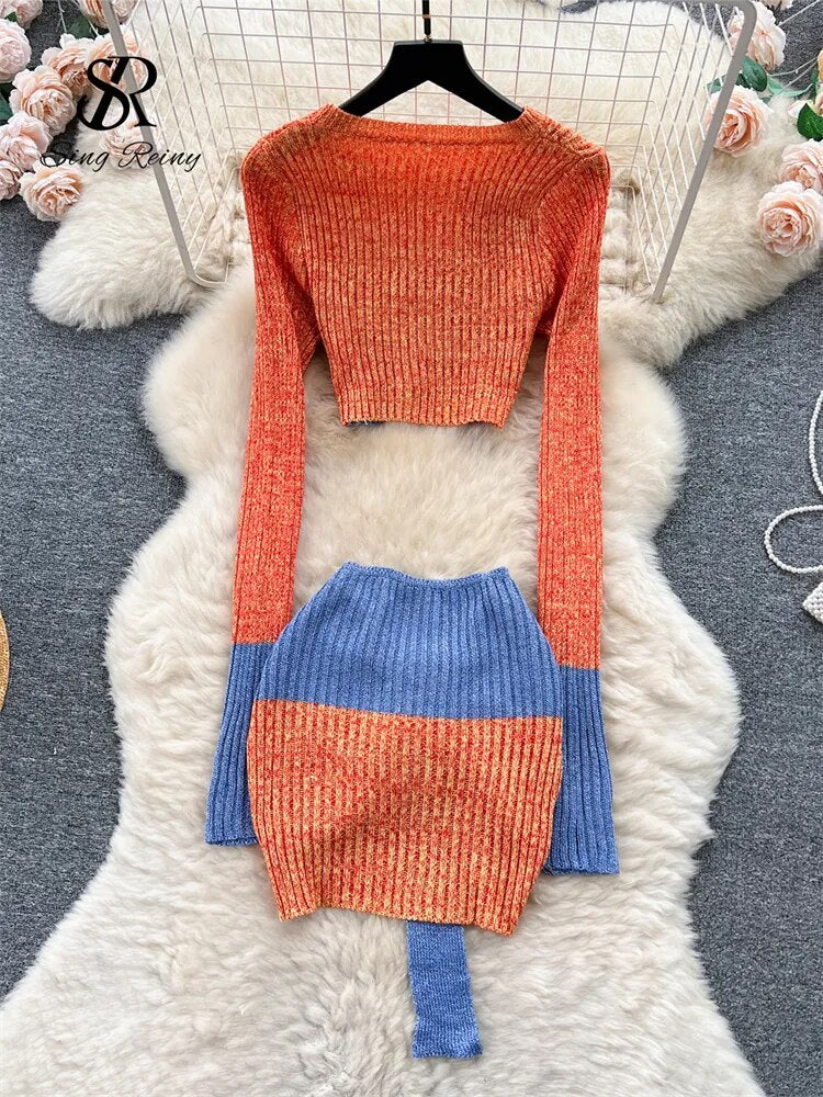 SINGREINY Autumn Patchwork Knitted Two Pieces Sets Long Sleeves Hollow Out Slim Pullover+Mini Skirt Fashion Y2K Sweater Suits