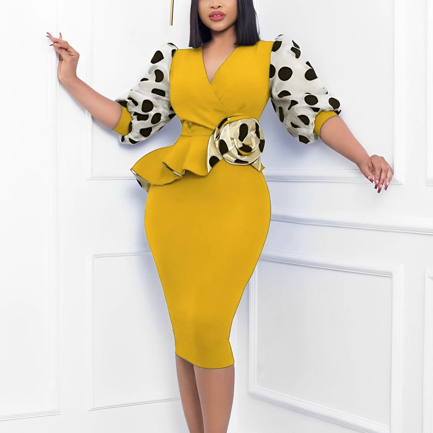 Polka Dot Bodycon Midi Dresses Women Elegant Mesh Short Sleeve V Neck Peplum Slim Office Lady Dress Party Gowns Robe Vestidos