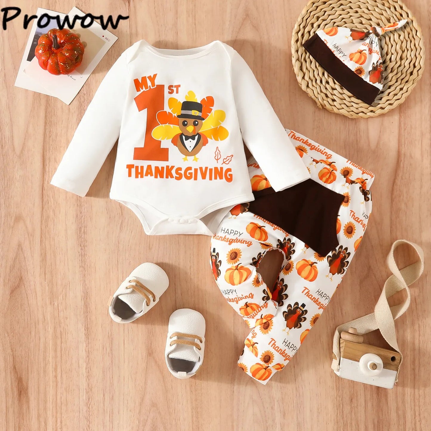 Prowow 0-18M My First Baby Thanksgiving Outfits Letter Romper+Turkey Printed Pants+Hat Baby Thanksgiving Costume Boys Girls