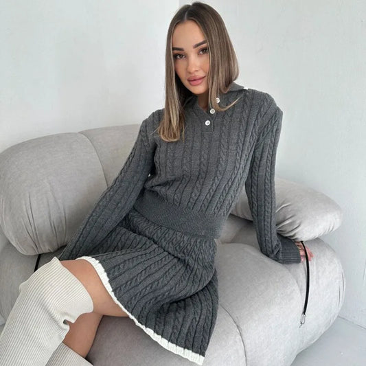 Autumn and winter new women's casual knitting suit solid color long sleeved sweater fashion short skirt women's two piece set