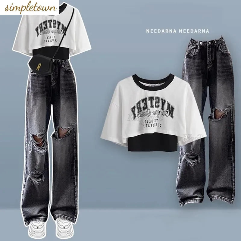 Spring/Summer Sweet Cool Set for Female Students Korean Fashion T-shirt+Personalized Ripped Jeans Two-piece Set